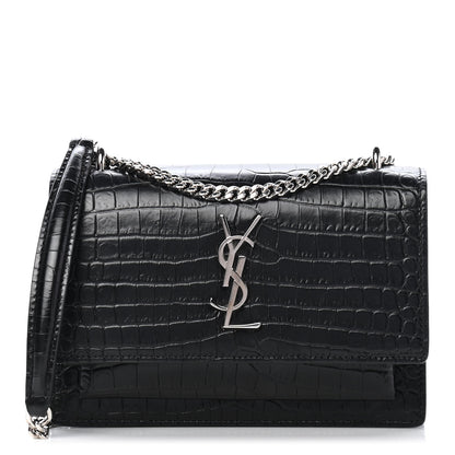 Saint Laurent Calfskin Crocodile Embossed Monogram Sunset Chain Wallet Black 1 of 10