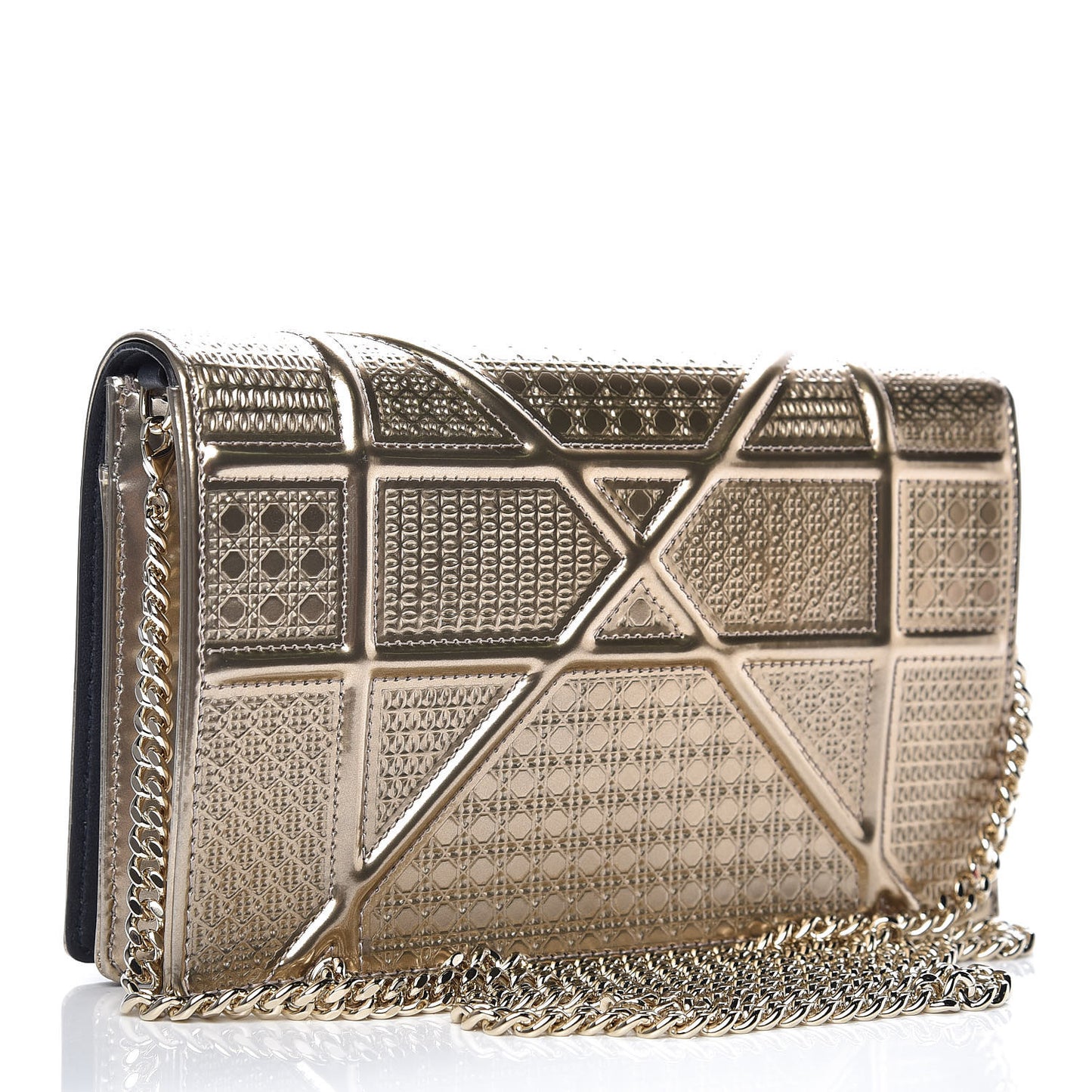 Metallic Patent Micro-Cannage Diorama Wallet on Chain Pouch Gold