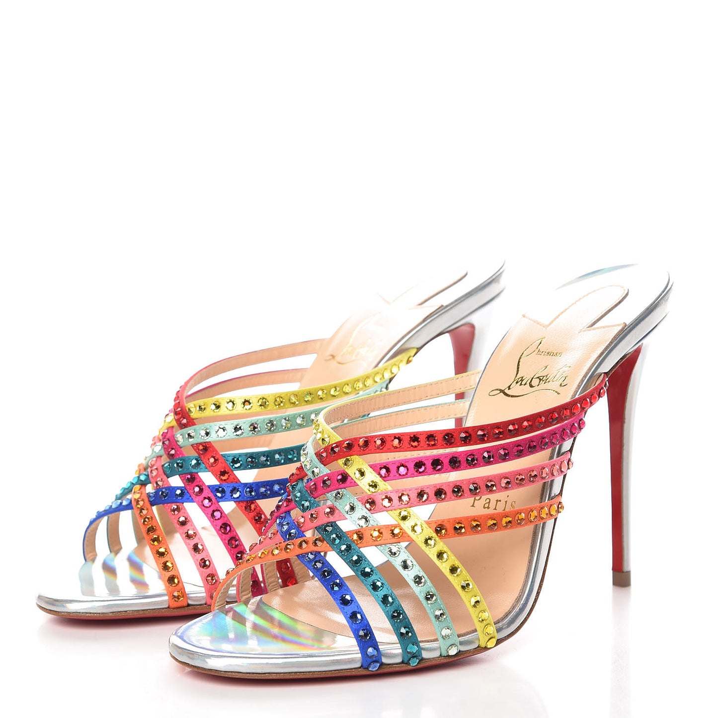 Specchio Calfskin Crystal Marthastrass 100 Slide Sandals 38 Silver Multicolor
