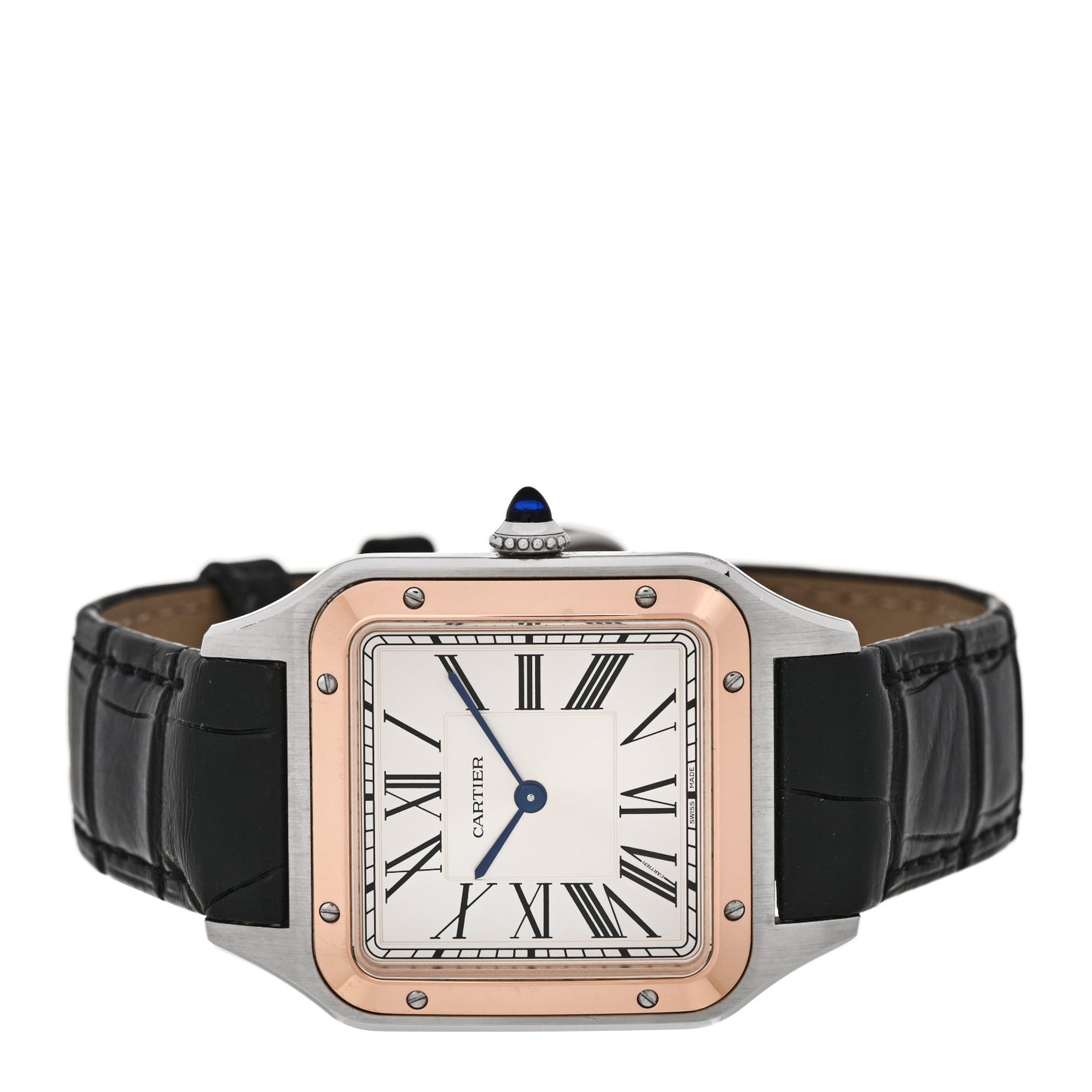 Stainless Steel 18K Pink Gold Alligator 31.4mm Santos Dumont Quartz Watch