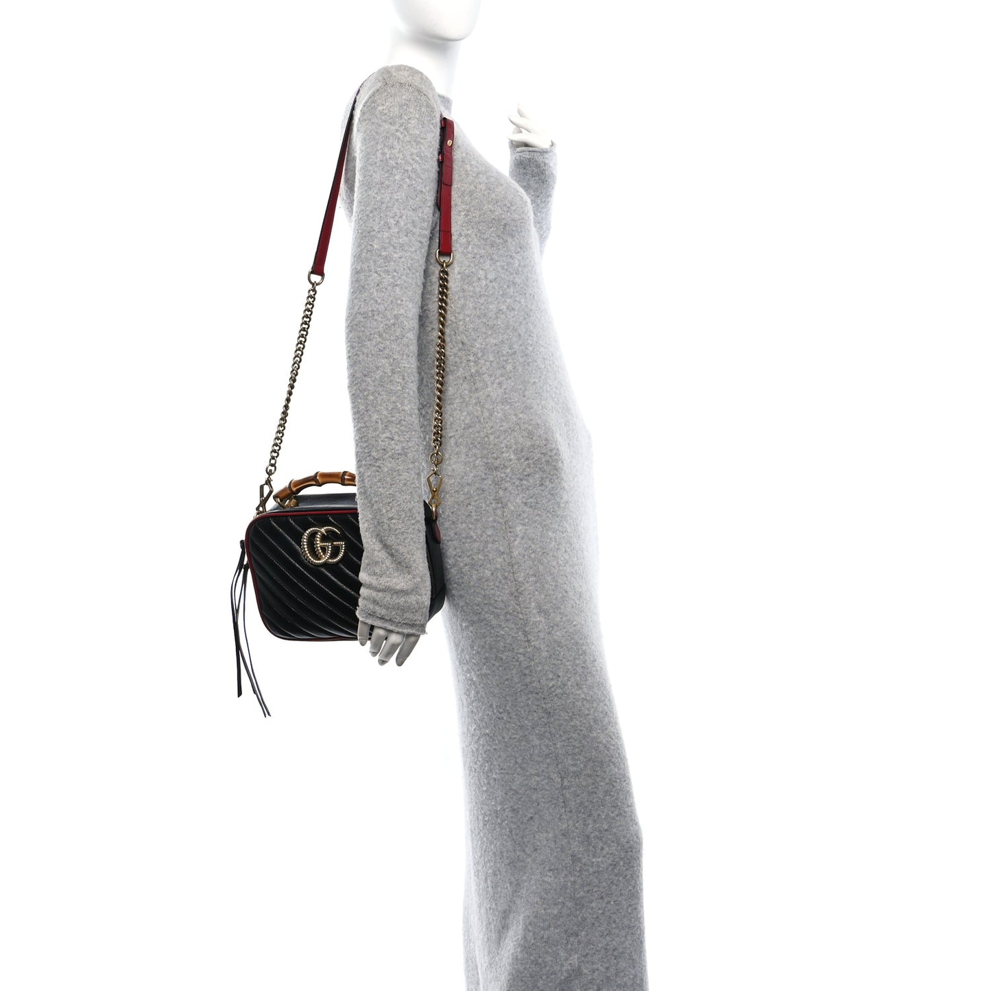 Vintage Effect Calfskin Matelasse Diagonal Small Torchon GG Marmont Bamboo Top Handle Shoulder Bag Black Romantic Cherry