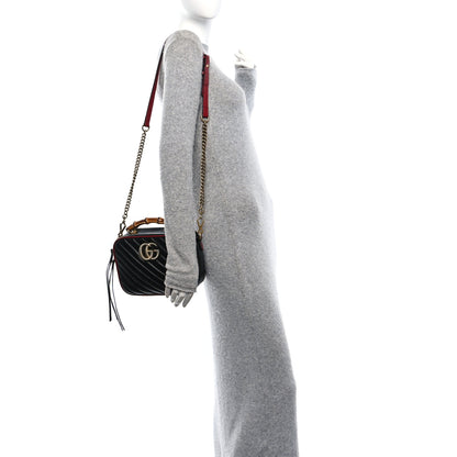 Gucci Vintage Effect Calfskin Matelasse Diagonal Small Torchon GG Marmont Bamboo Top Handle Shoulder Bag Black Romantic Cherry 2 of 10