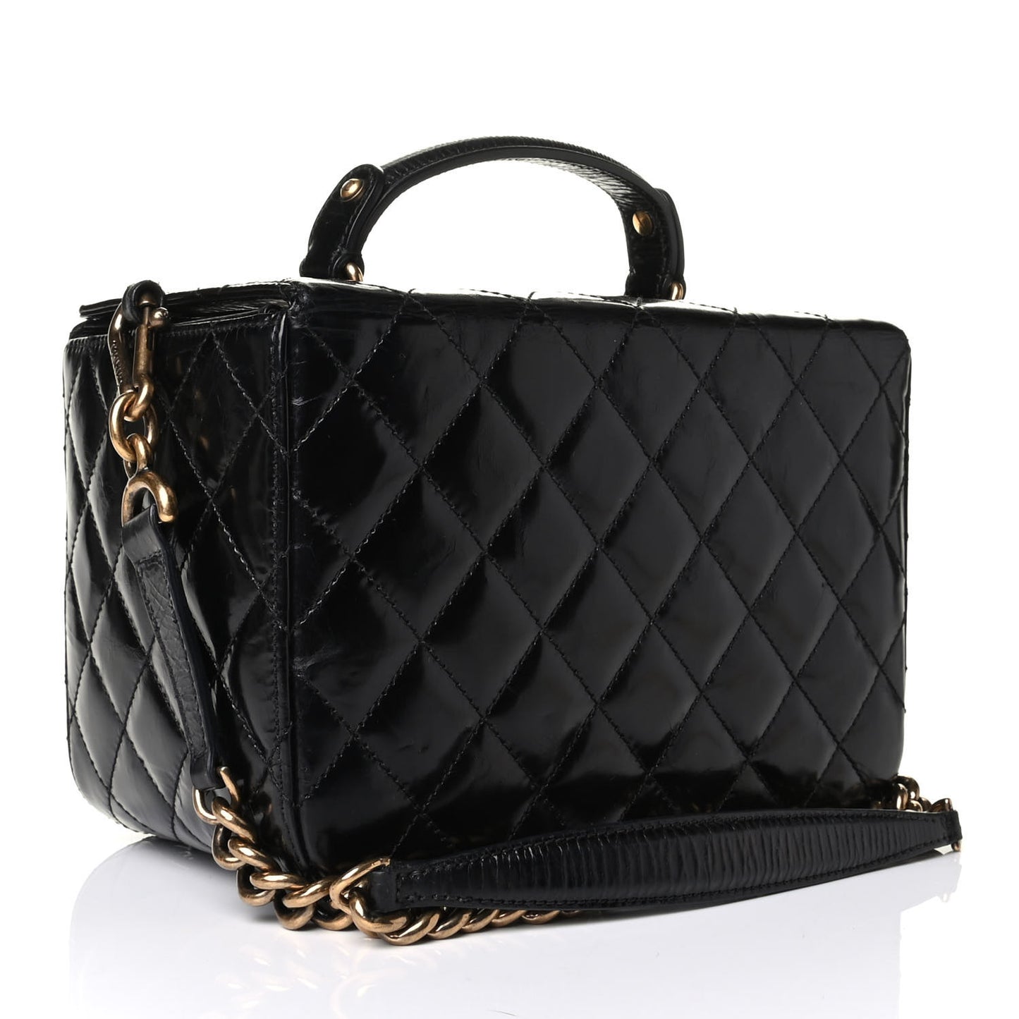 Glazed Calfskin Quilted Cosmetic Top Handle Case Black