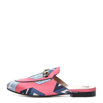 Gucci Satin GG Wallpaper Womens Princetown Slippers 37.5 Pink Flamboyant Blue Black 1 of 10