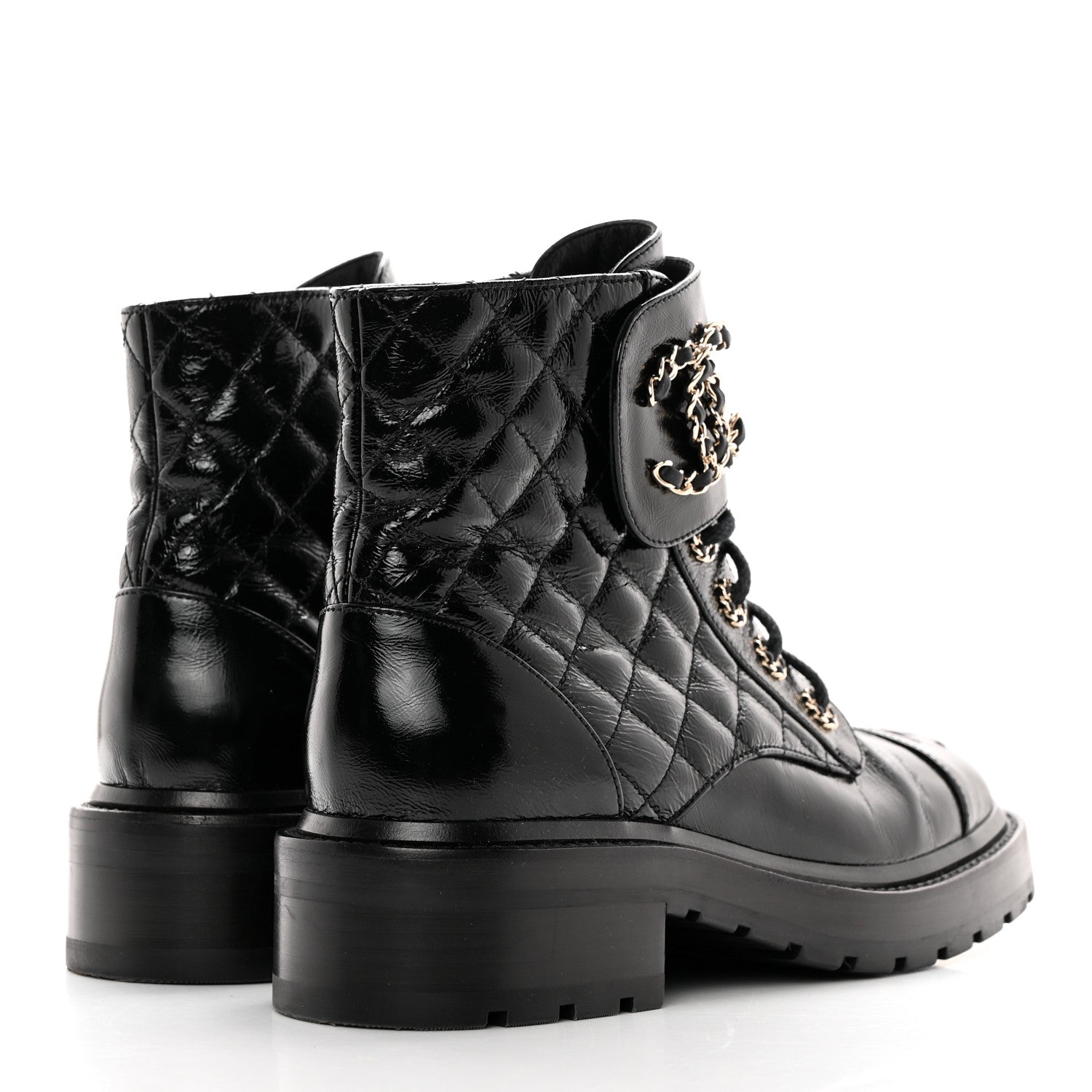 Chanel Shiny Calfskin Quilted Lace Up Combat Boots 36.5 Black 4 of 11