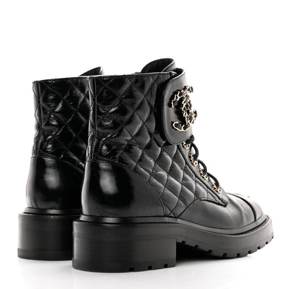 Chanel Shiny Calfskin Quilted Lace Up Combat Boots 36.5 Black 4 of 11