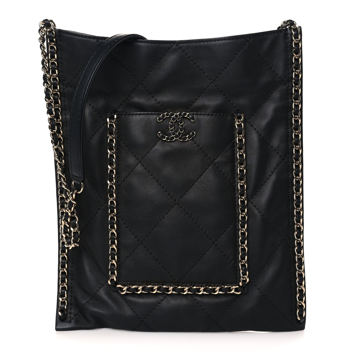 Calfskin Quilted Small Chain Flat Tote Black