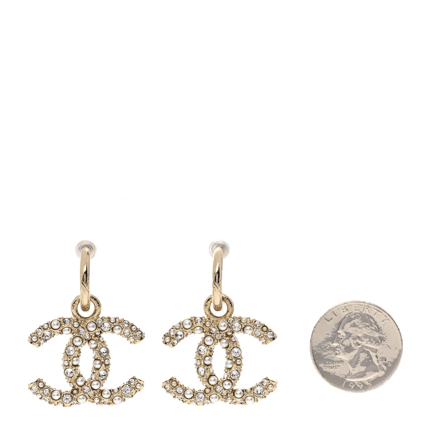 Crystal Pearl Caviar CC Drop Earrings Gold