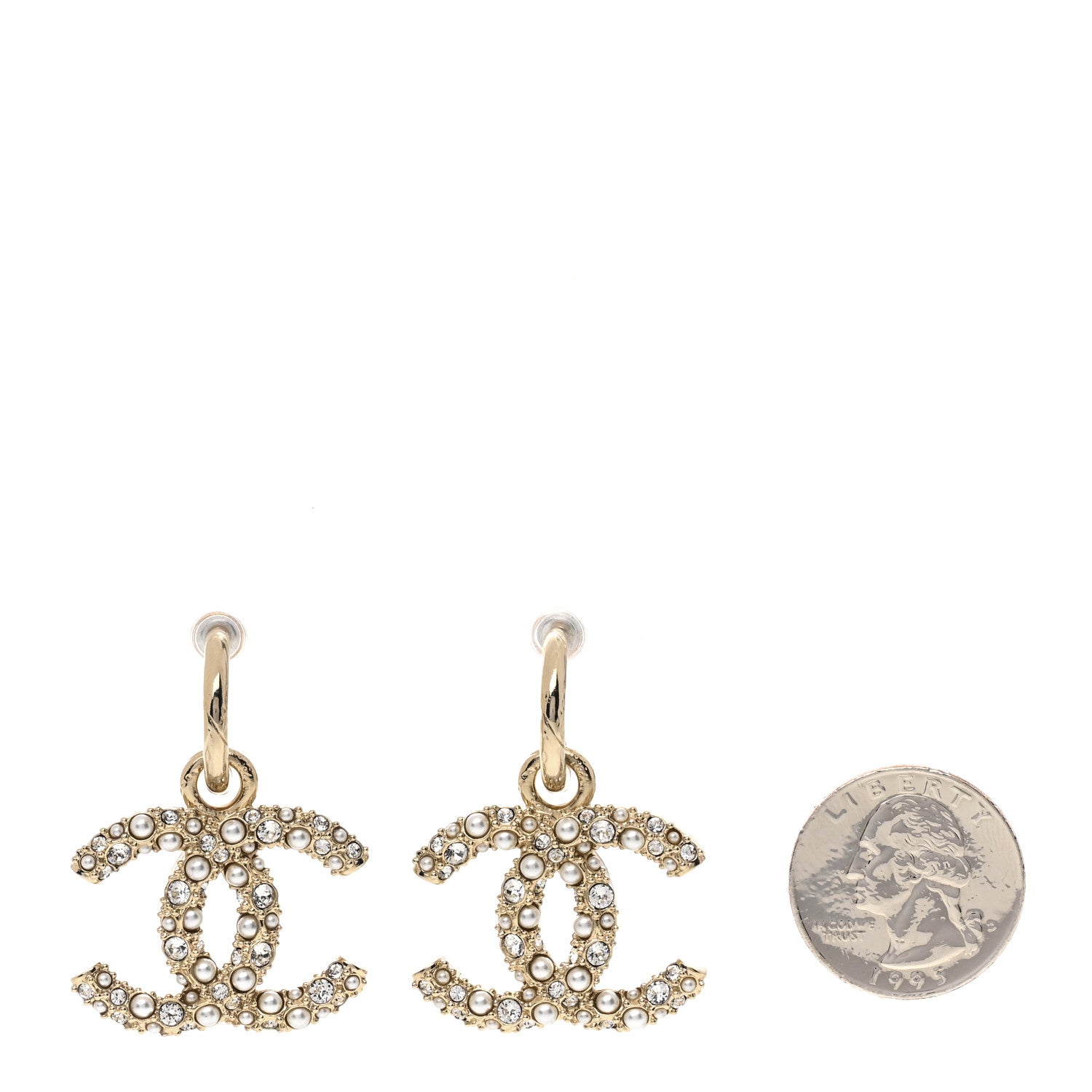 Chanel Crystal Pearl Caviar CC Drop Earrings Gold 2 of 3