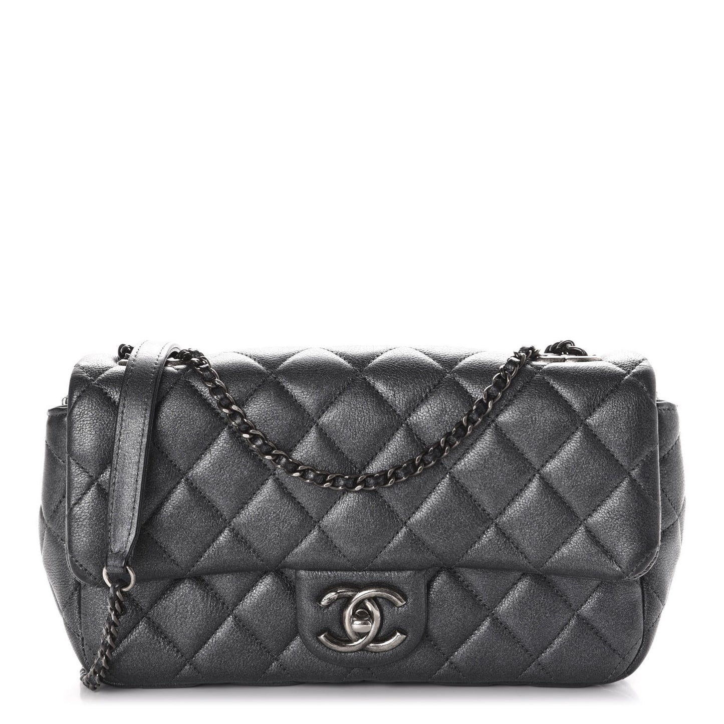 Metallic Calfskin Quilted Medium CC Eyelet Flap Dark Silver
