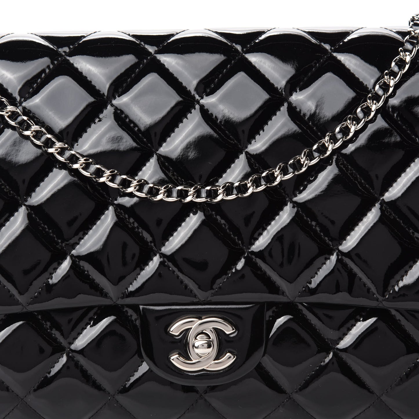 Patent Quilted Clutch with Chain Flap Black