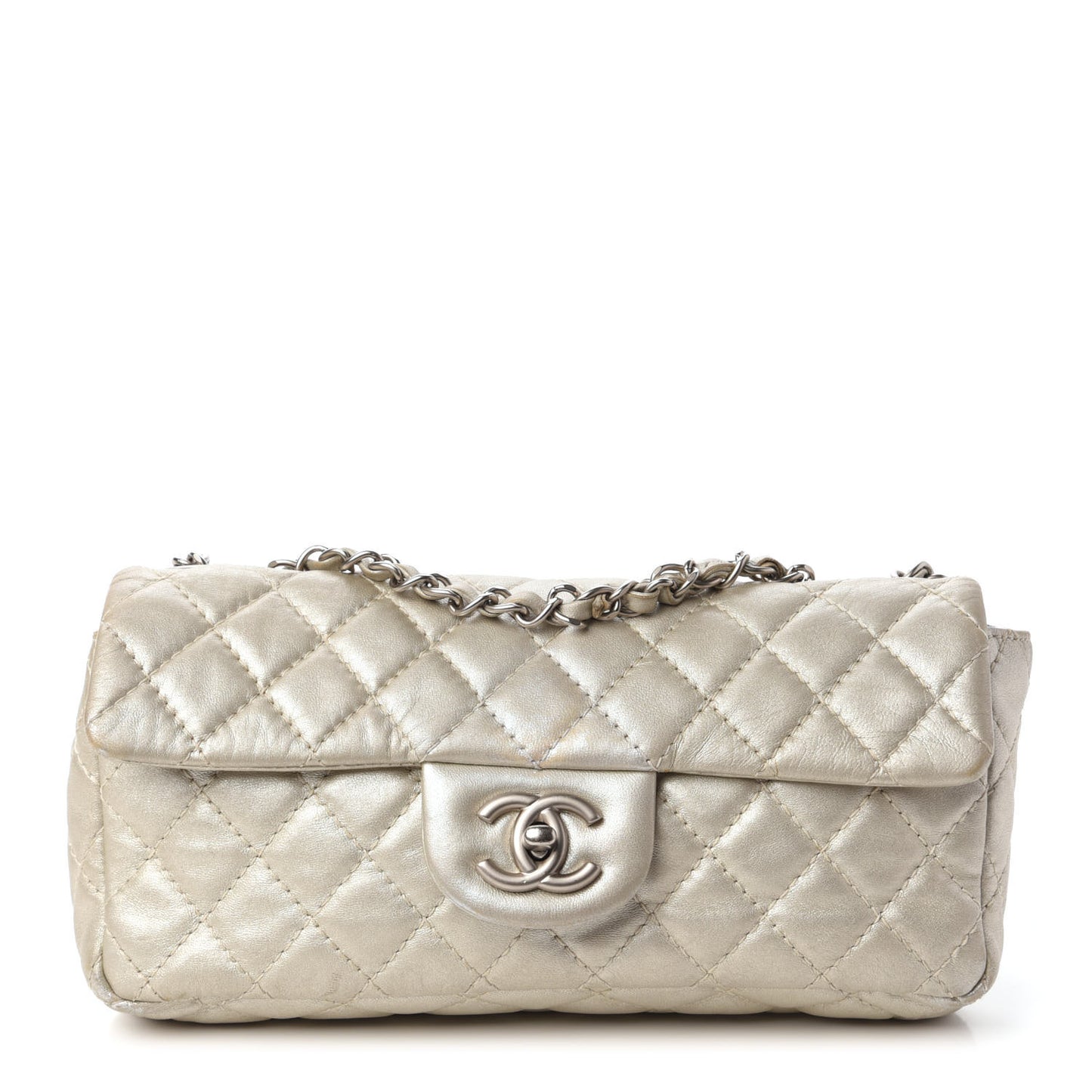 Metallic Lambskin Quilted East West Flap Silver