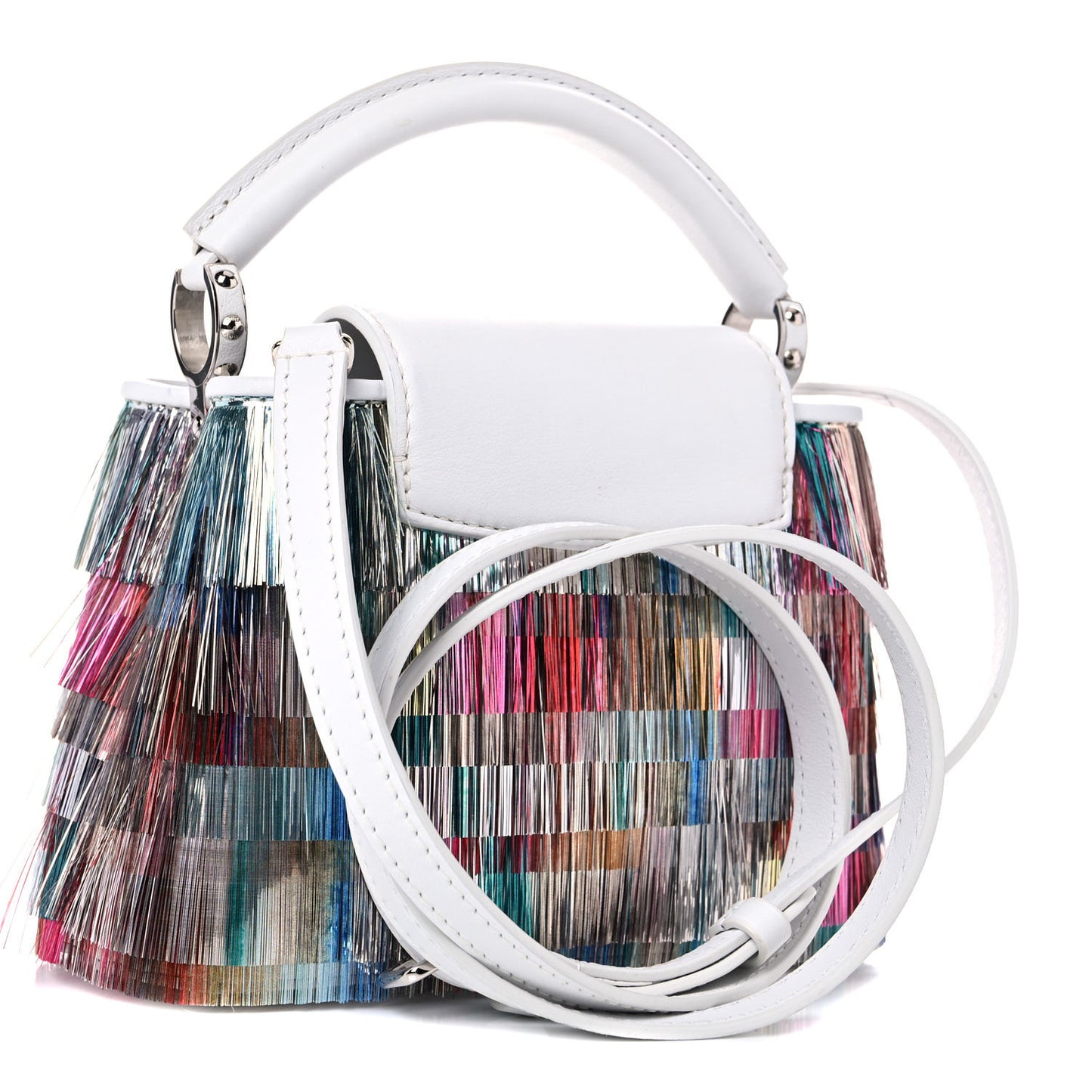 Calfskin Tinsel Fringe Capucines Mini White Multicolor