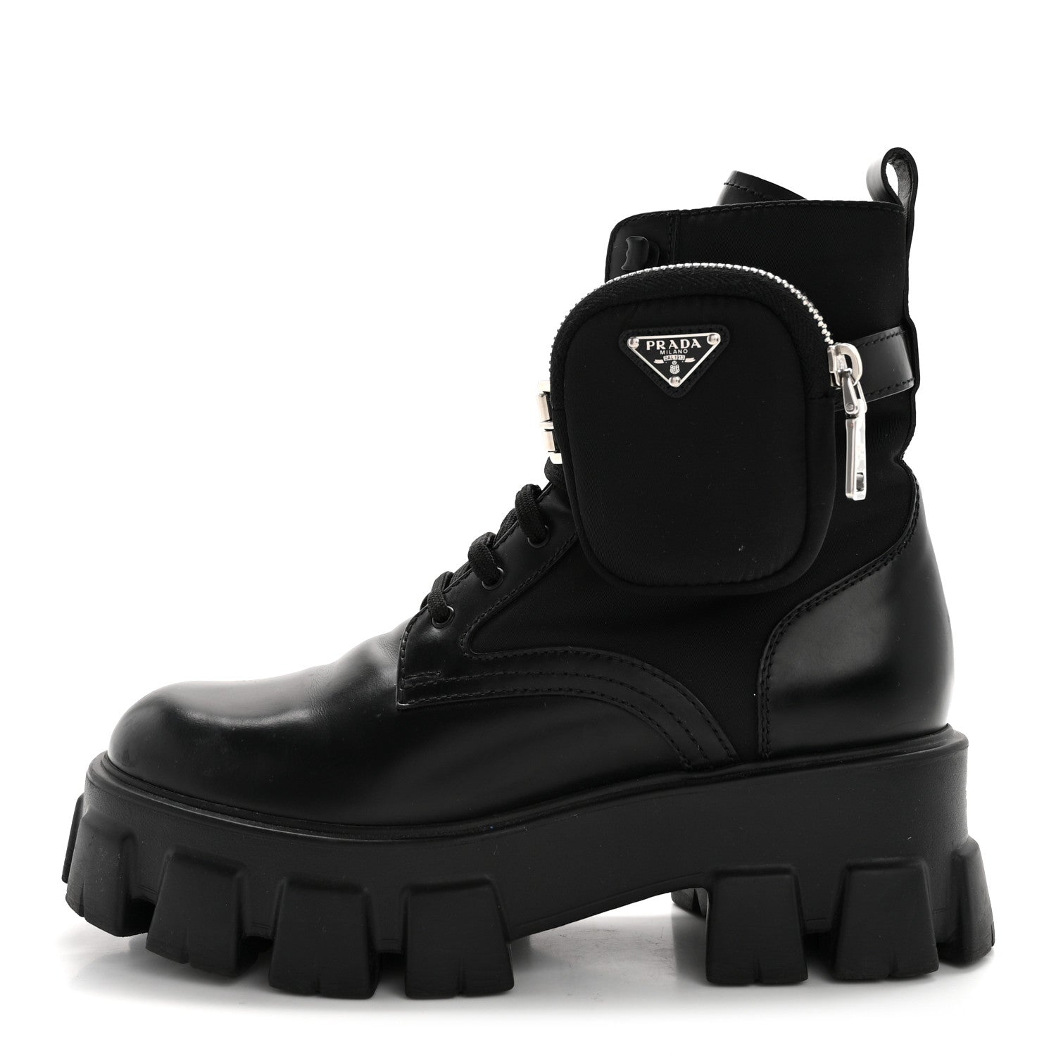 Prada Spazzolato Rois Re-Nylon Metal Triangle Logo Monolith Pouch Pocket 55mm Boots 38.5 Black 1 of 11