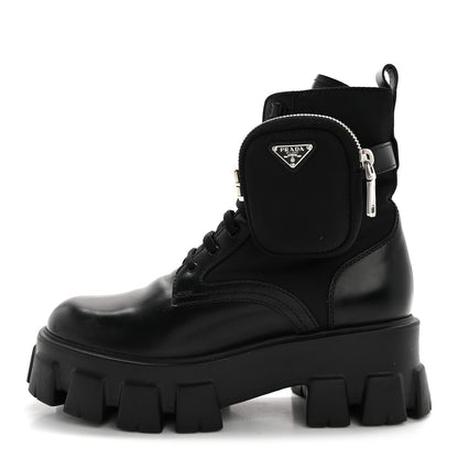 Prada Spazzolato Rois Re-Nylon Metal Triangle Logo Monolith Pouch Pocket 55mm Boots 38.5 Black 1 of 11