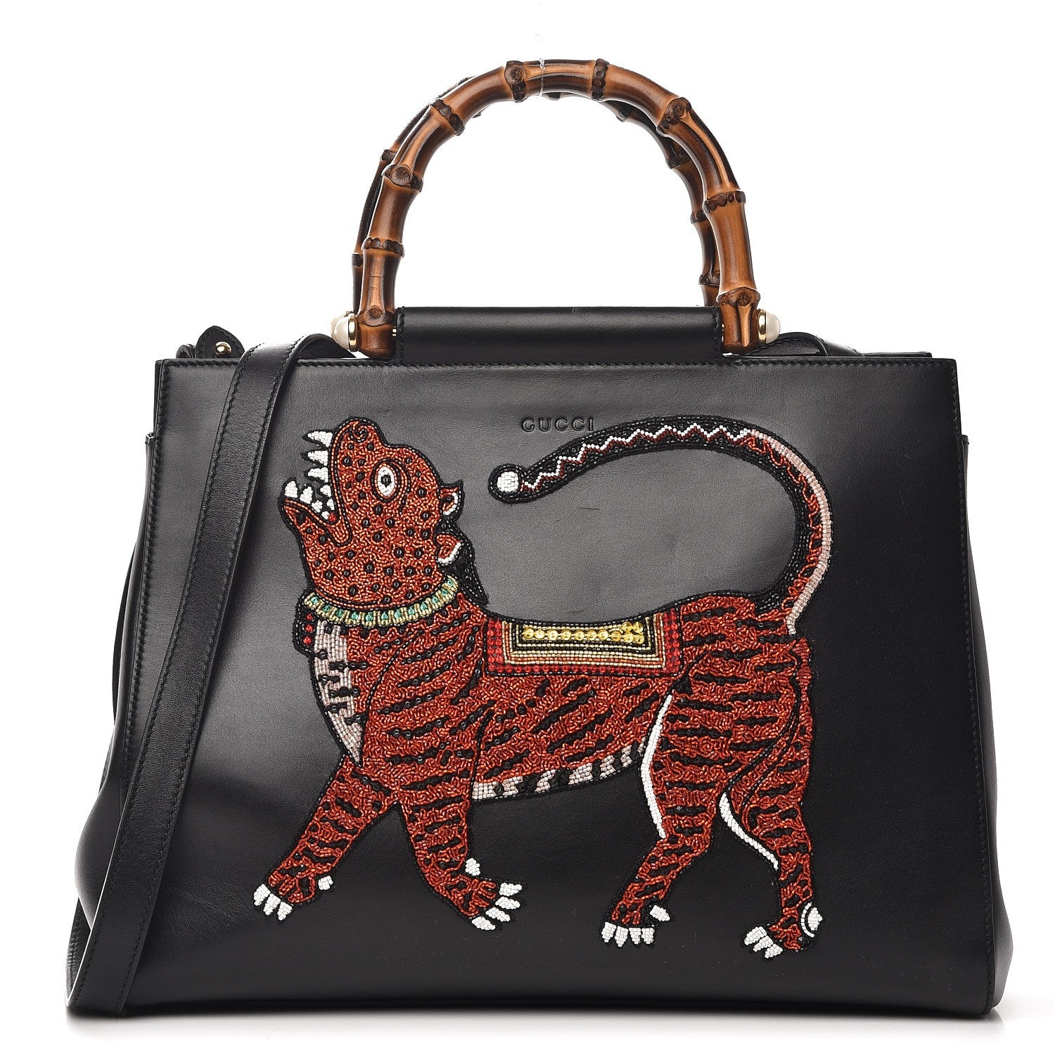 Gucci Nappa Bamboo Embroidered Medium Nymphaea Top Handle Bag Black 2 of 26