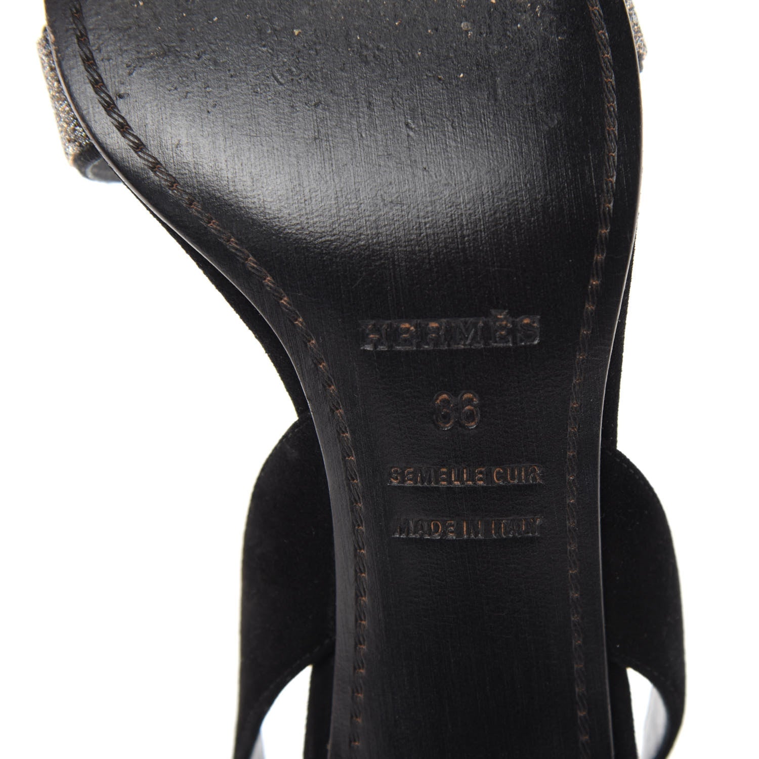 Hermes Velour Goatskin Crystal Poudre Night 70 Slingback Sandals 36 Argent Black 6 of 10