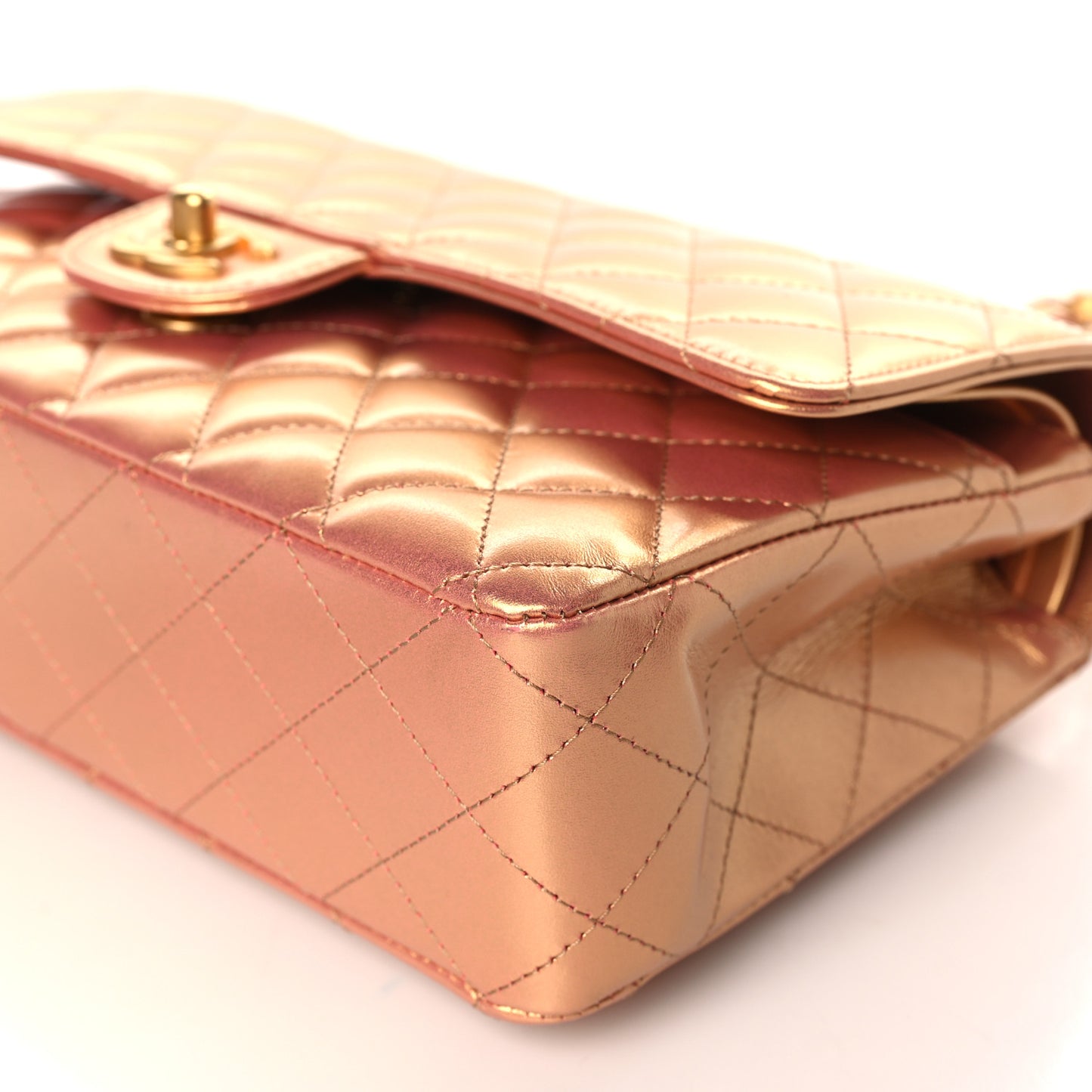 Metallic Lambskin Quilted Medium Double Flap Golden