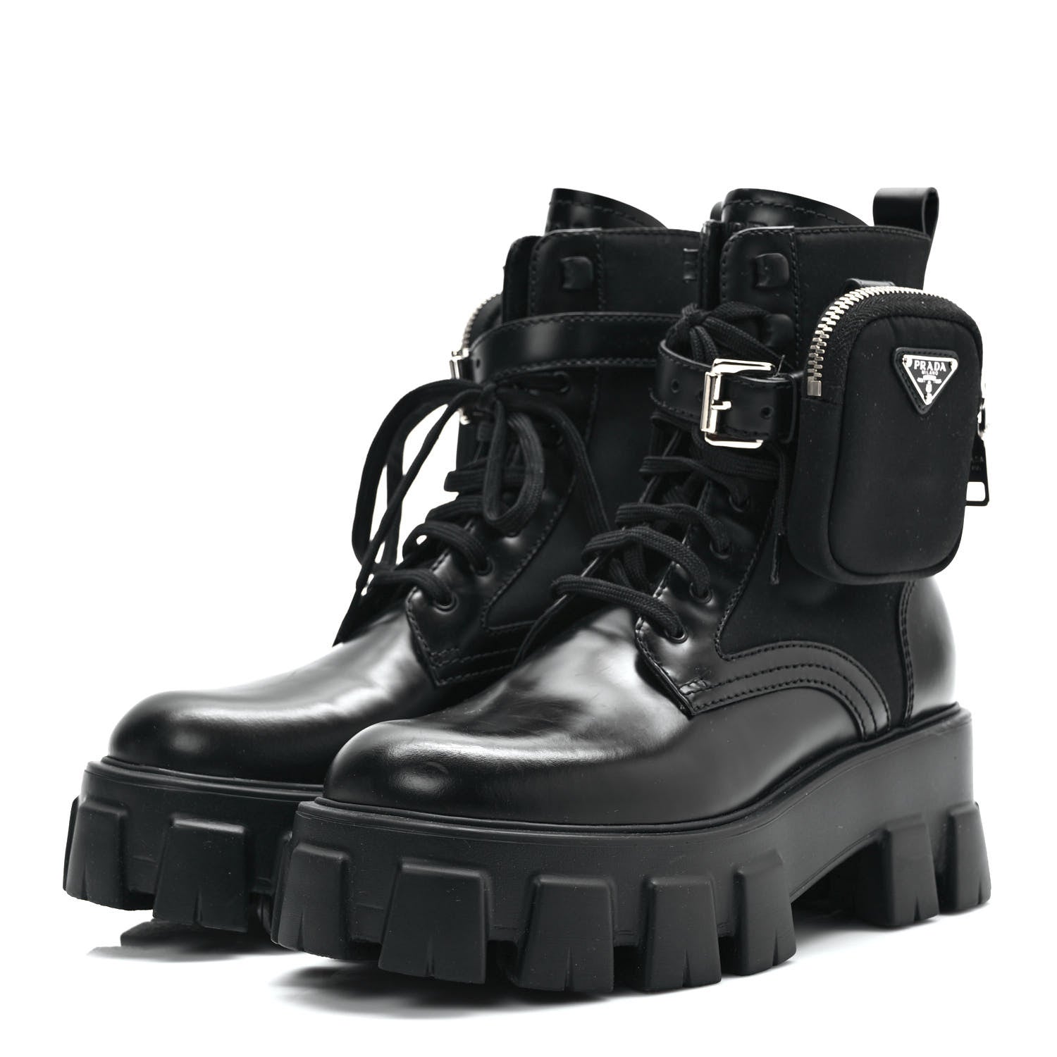 Prada Spazzolato Rois Nylon Metal Triangle Logo Monolith Pouch Pocket 55mm Boots 37 Black 3 of 10