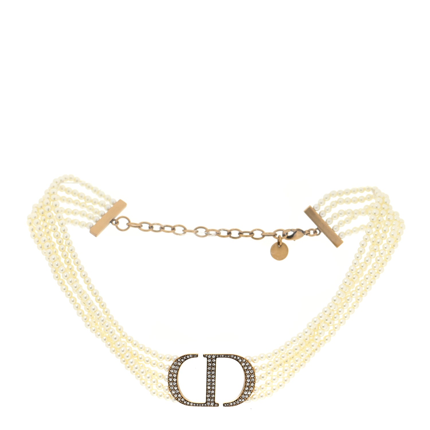 Christian Dior Pearl Crystal CD Choker Necklace Gold 3 of 4