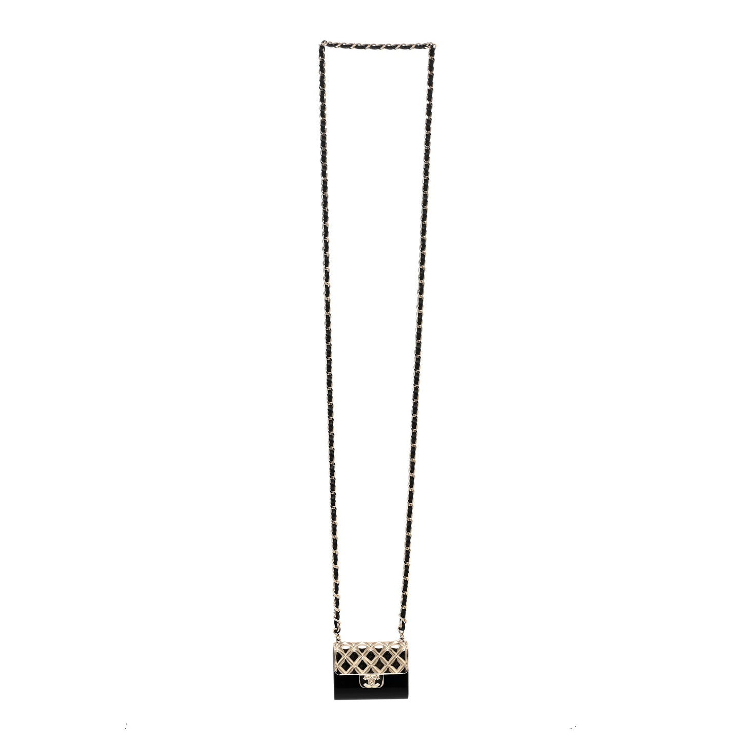 Metal Resin Lambskin Flap Bag Long Necklace Gold Black