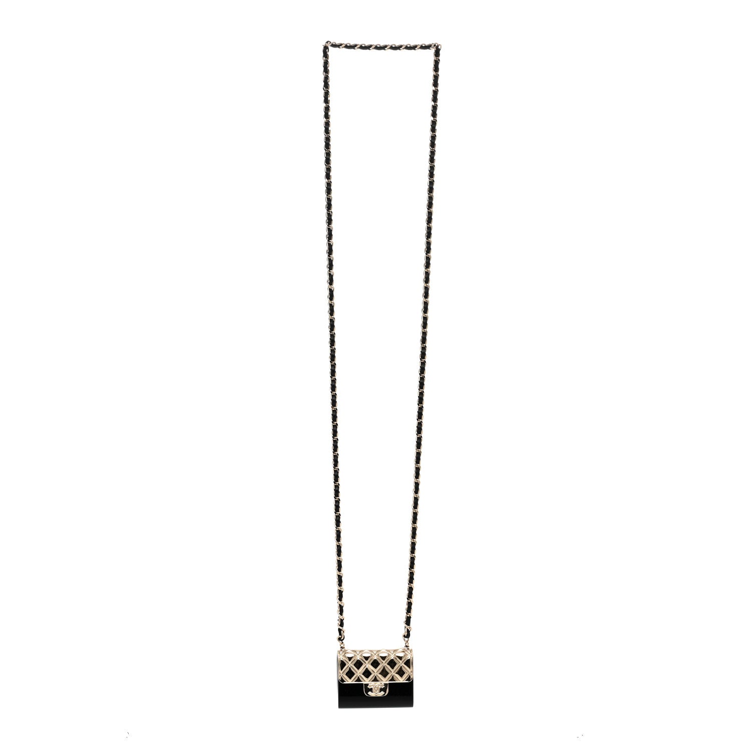 Chanel Metal Resin Lambskin Flap Bag Long Necklace Gold Black 3 of 6