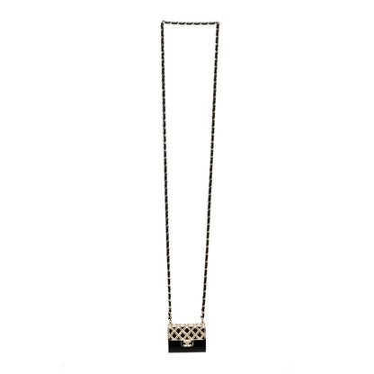 Chanel Metal Resin Lambskin Flap Bag Long Necklace Gold Black 3 of 6