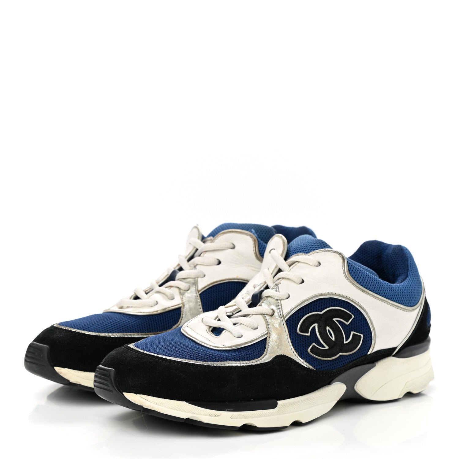 Chanel Mesh Suede Calfskin Womens CC Sneakers 39 Dark Blue Black White 3 of 12