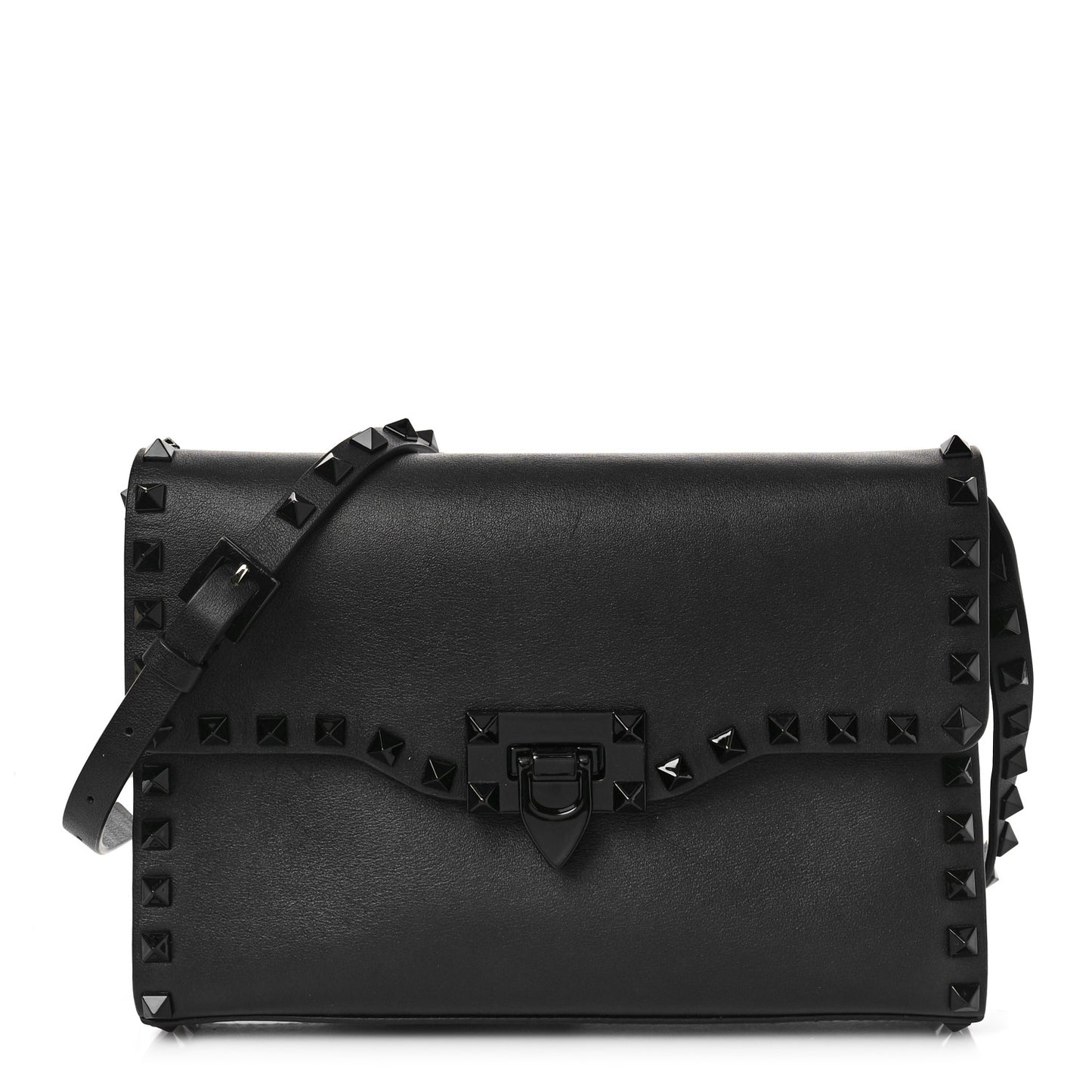 Vitello Monochrome Medium Rockstud Flip Lock Crossbody Bag Black