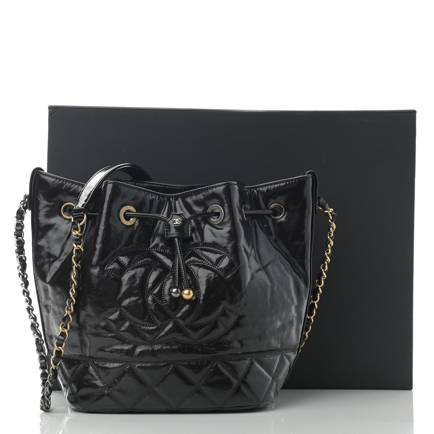 Shiny Aged Calfskin CC Chain Drawstring Bag Black