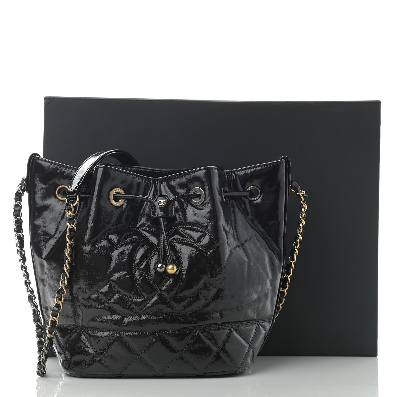 Chanel Shiny Aged Calfskin CC Chain Drawstring Bag Black 11 of 11