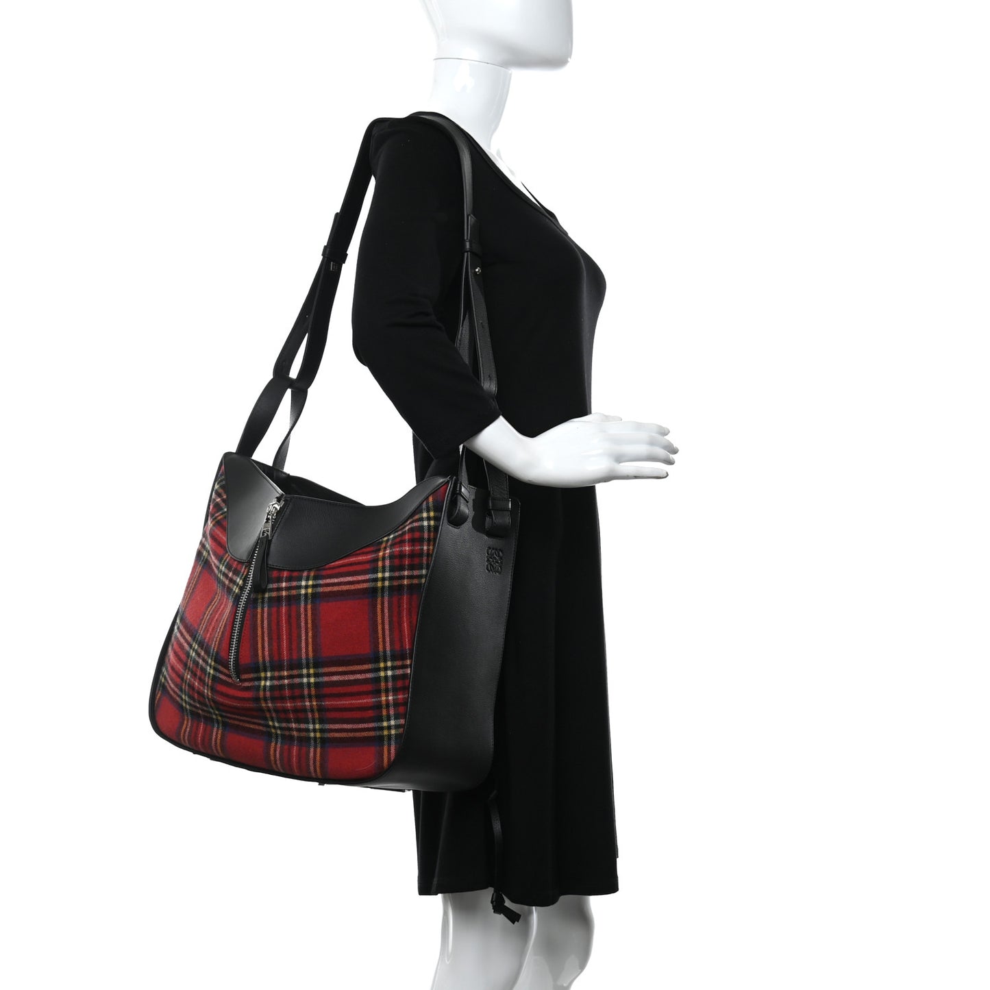 Wool Calfskin Medium Hammock Shoulder Bag Black Red Tartan