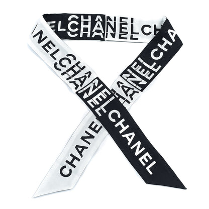 Chanel Silk Logo Slim Bandeau Scarf Black White 1 of 3