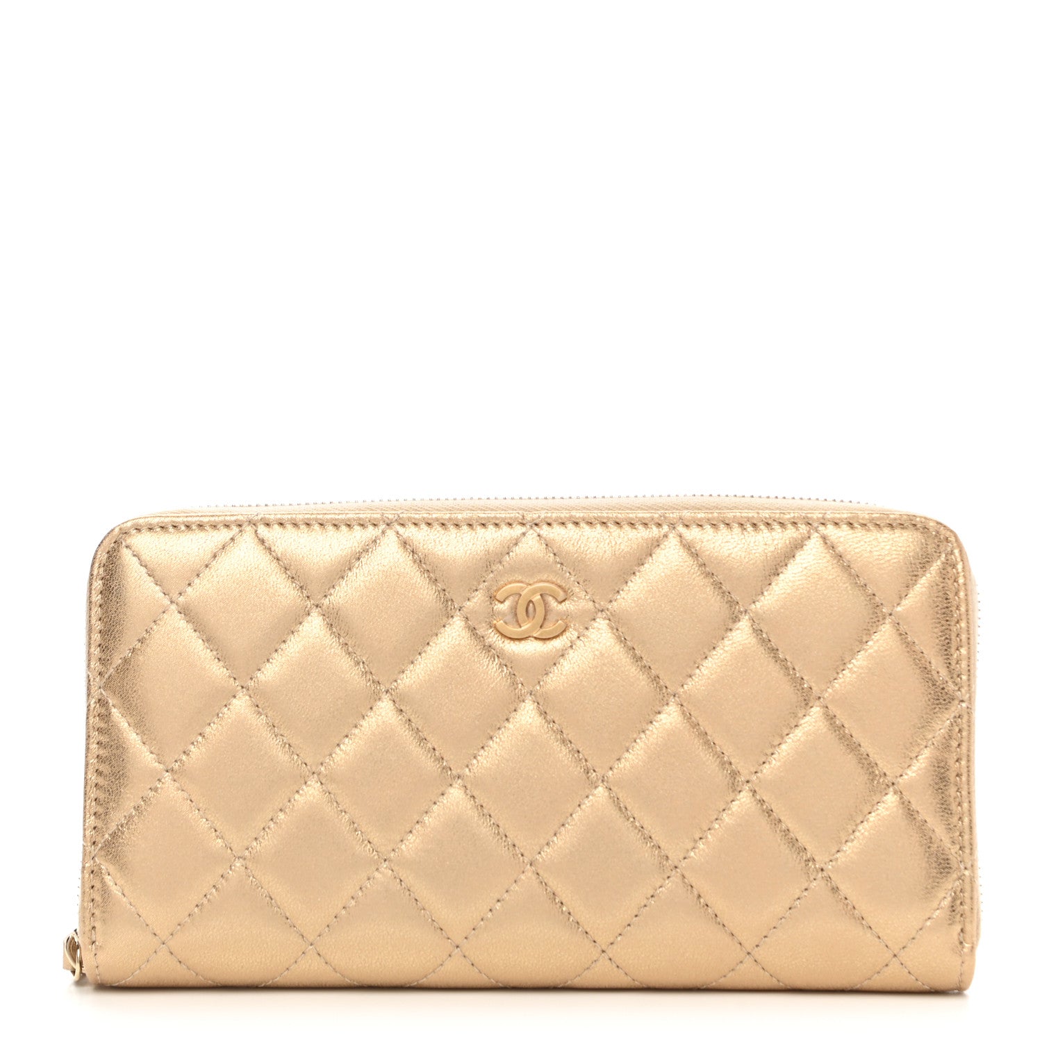 Chanel Metallic Lambskin Quilted Large Gusset Zip Around Wallet Gold 1 of 9