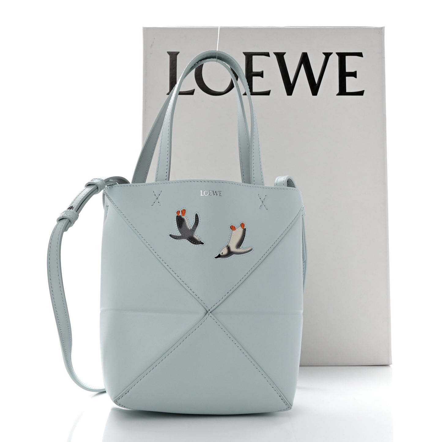 X SUNA FUJITA Shiny Calfskin Penguin Mini Puzzle Fold Tote Blue Iceberg