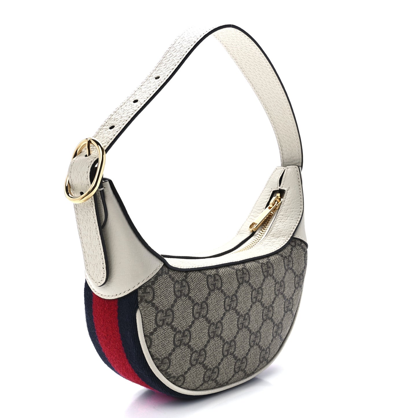 GG Supreme Monogram Textured Dollar Calfskin Web Mini Ophidia Half Moon Hobo Beige Ebony Mystic White