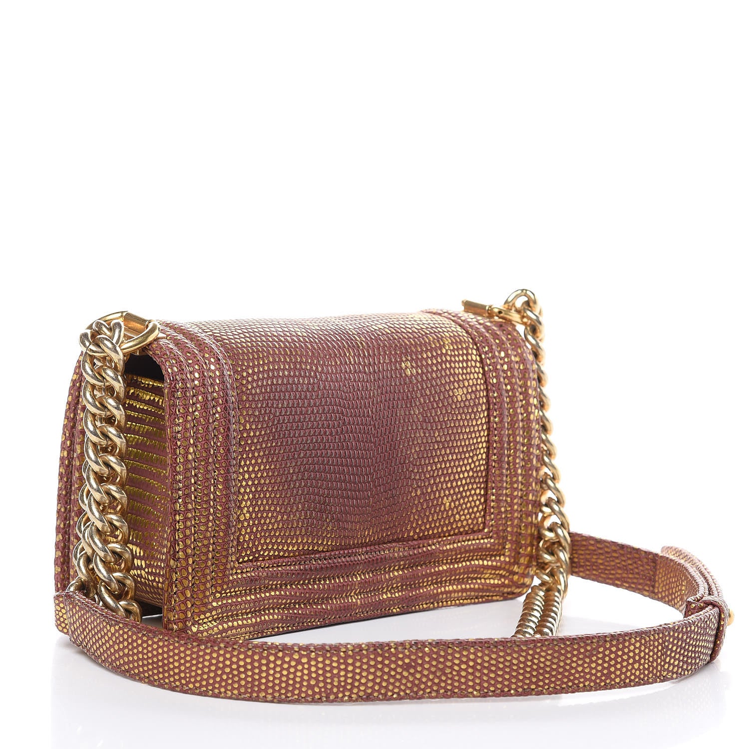Chanel Metallic Lizard Small Boy Flap Gold Burgundy 3 of 11