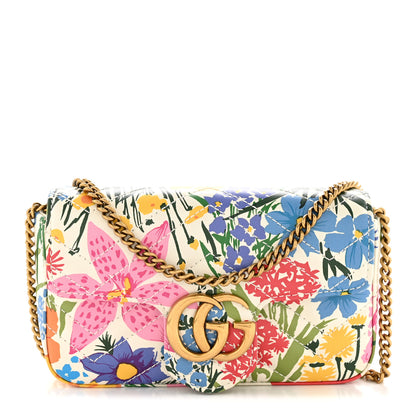 Gucci X KEN SCOTT Calfskin Matelasse Floral Print Super Mini GG Marmont Shoulder Bag Ivory Pink 1 of 12