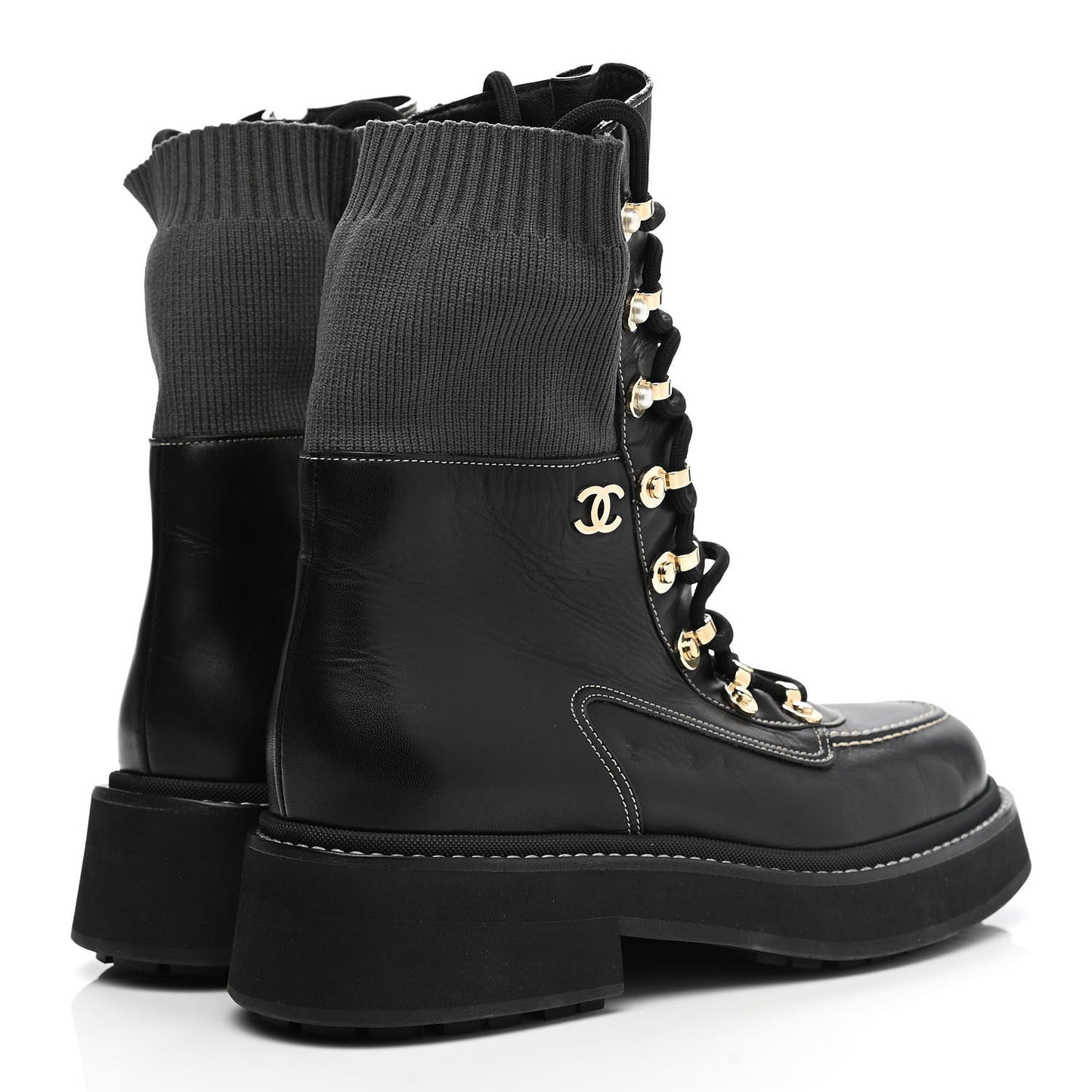Calfskin Knit Lace Up Combat Boots 39 Black