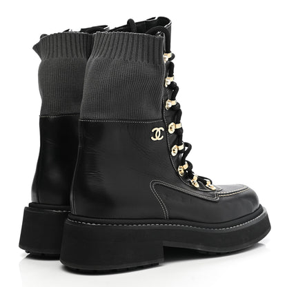 Chanel Calfskin Knit Lace Up Combat Boots 39 Black 4 of 9