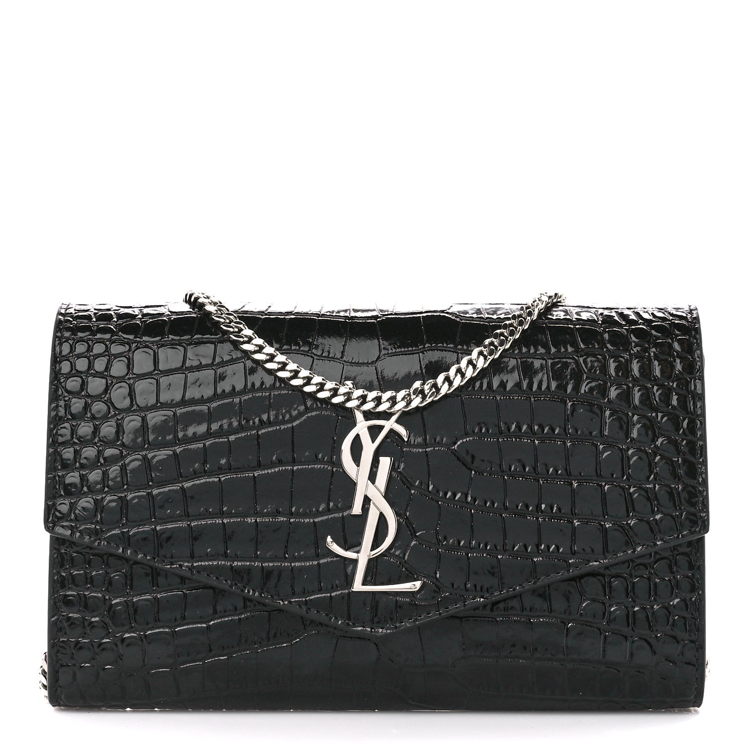 Saint Laurent Calfskin Crocodile Embossed Monogram Uptown Chain Wallet Black 3 of 13