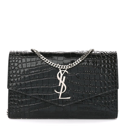 Saint Laurent Calfskin Crocodile Embossed Monogram Uptown Chain Wallet Black 3 of 13