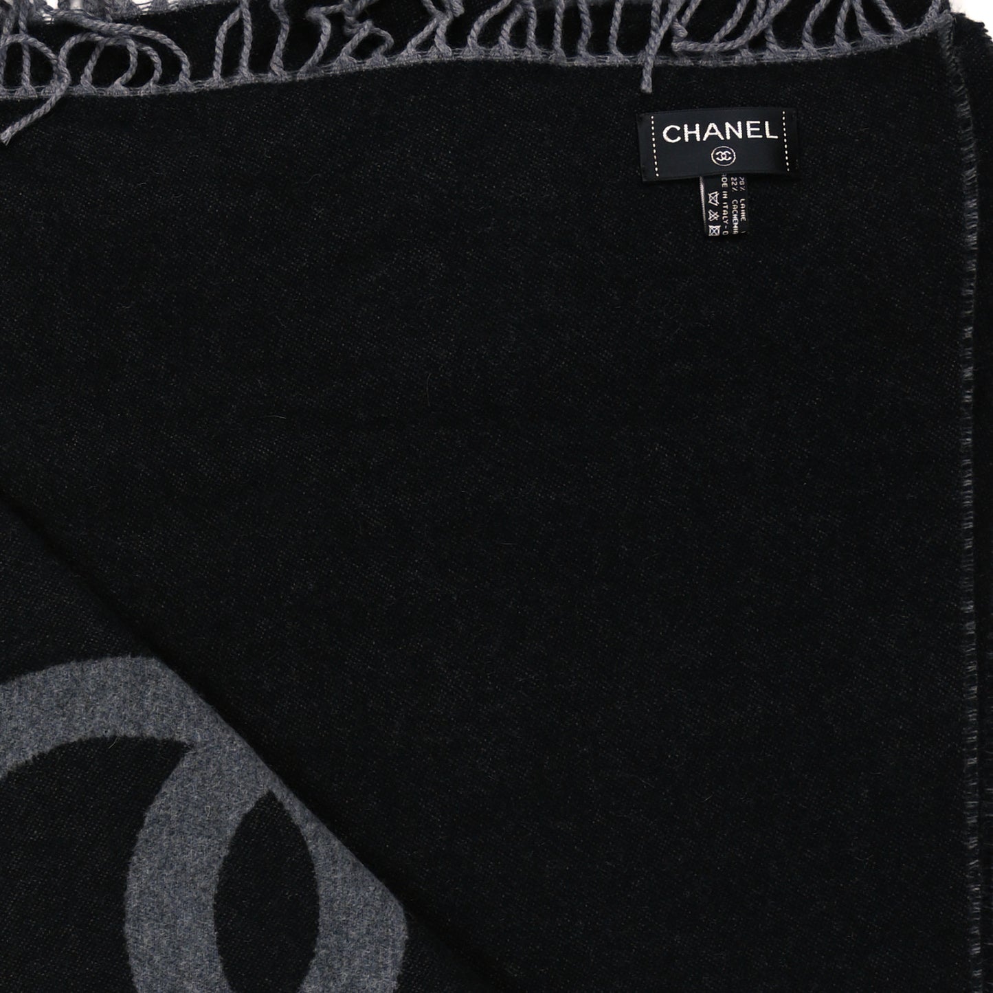 Merino Wool Cashmere CC Reversible Fringe Blanket Black Gray
