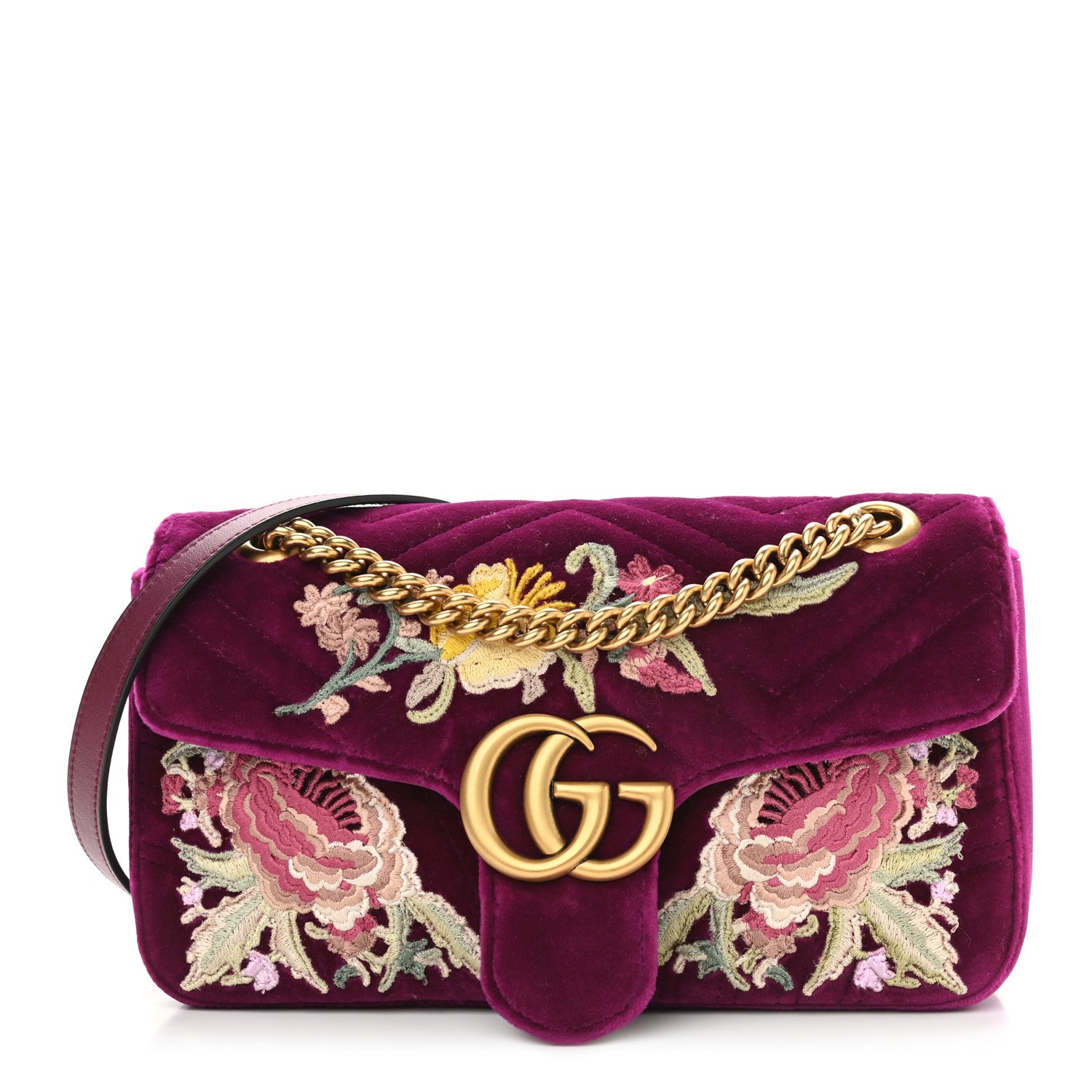 Gucci Velvet Matelasse Embroidered Small GG Marmont Shoulder Bag Fuchsia Violet Cyclamen 1 of 12