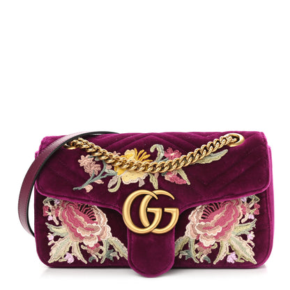 Gucci Velvet Matelasse Embroidered Small GG Marmont Shoulder Bag Fuchsia Violet Cyclamen 1 of 12