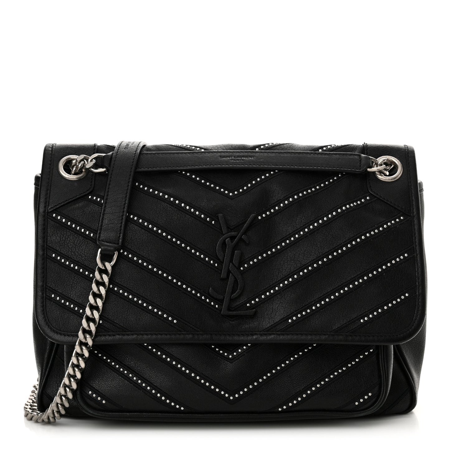 Calfskin Matelasse Monogram Microstud Medium Niki Chain Satchel Black