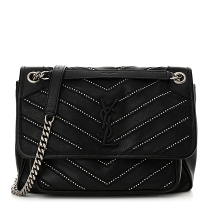 Saint Laurent Calfskin Matelasse Monogram Microstud Medium Niki Chain Satchel Black 1 of 11