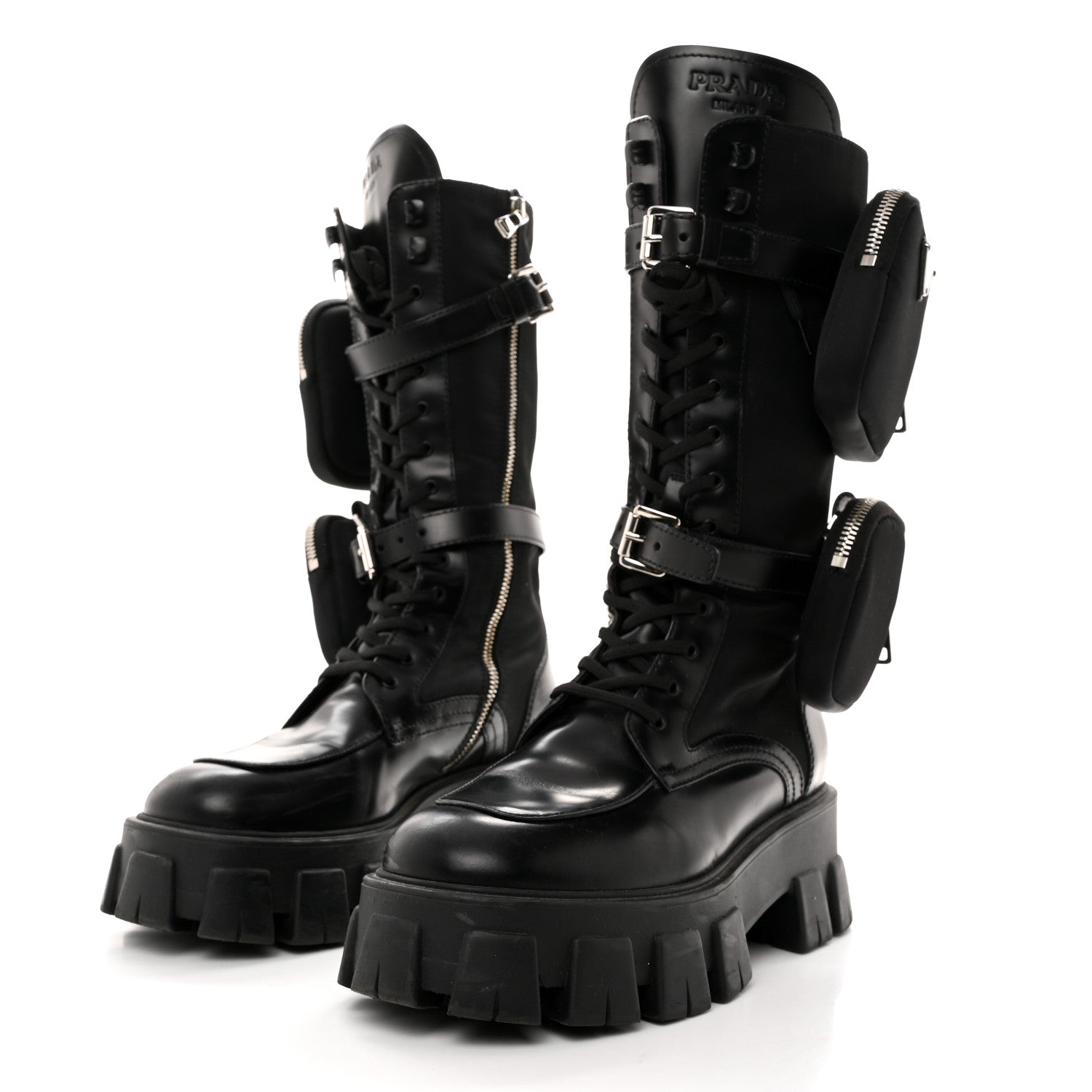 Prada Spazzolato Rois Re-Nylon Metal Triangle Logo Monolith Pouch Pocket 55mm Tall Combat Boots 39 Black 3 of 8