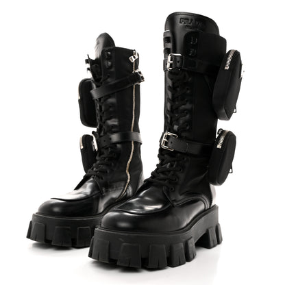 Prada Spazzolato Rois Re-Nylon Metal Triangle Logo Monolith Pouch Pocket 55mm Tall Combat Boots 39 Black 3 of 8