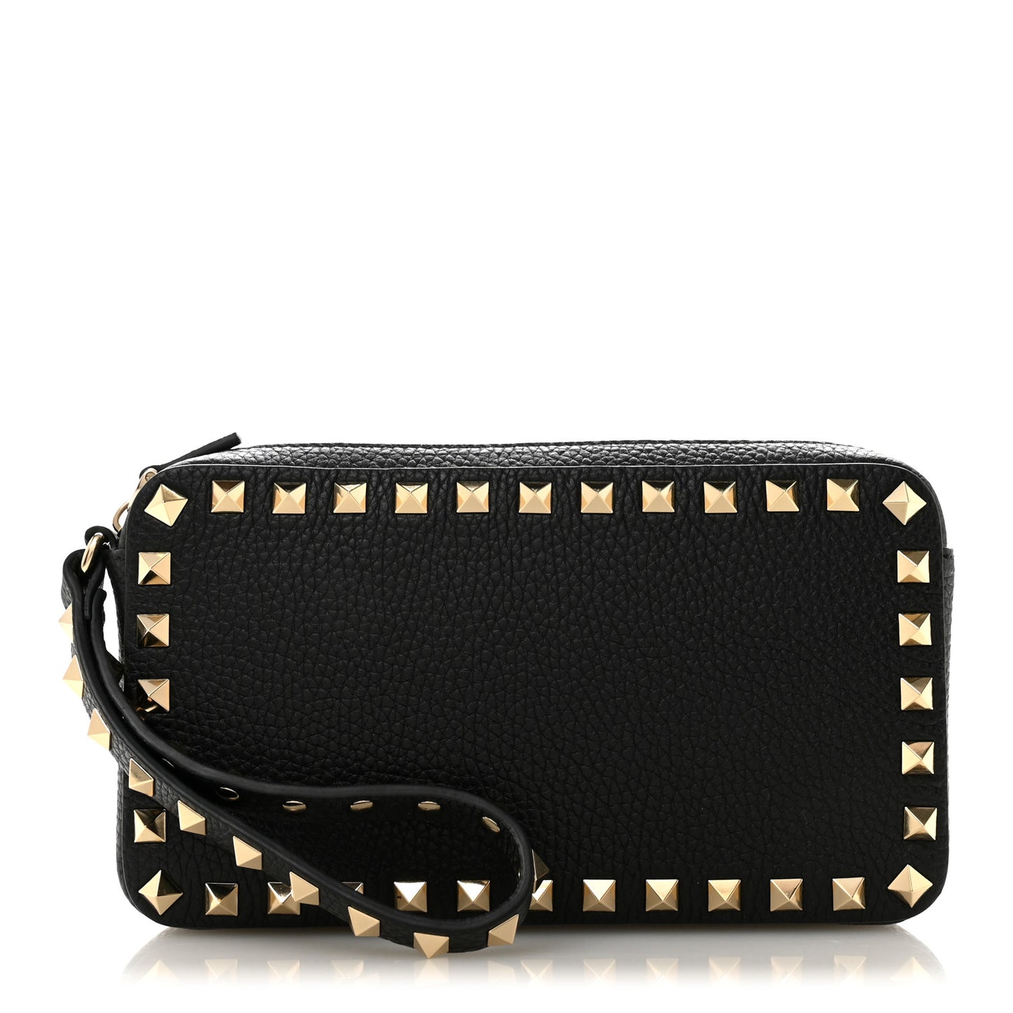 Pebbled Calfskin Rockstud Wristlet Zip Pouch Black